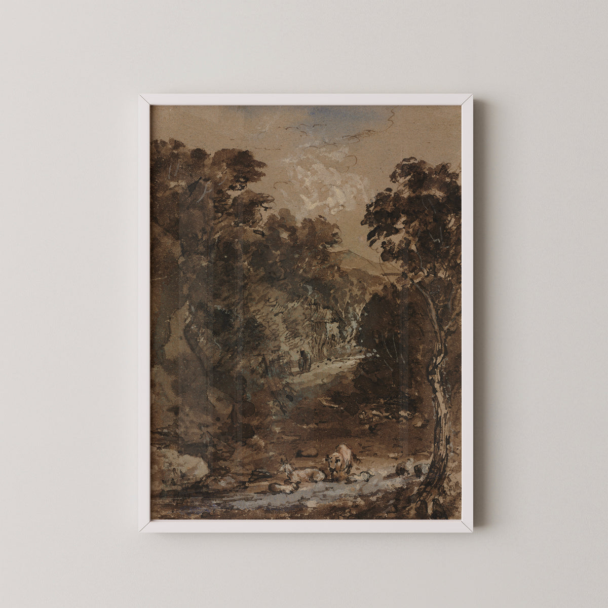 Landscape with Farm Animals by Benjamin Barker, art print in a white frame
