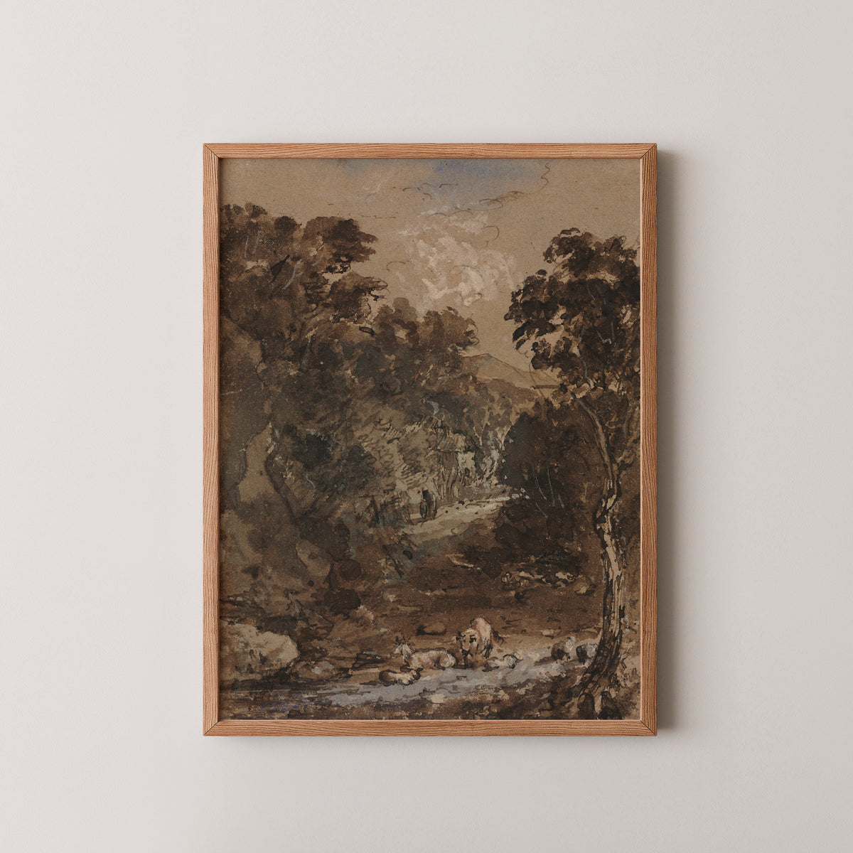 Landscape with Farm Animals by Benjamin Barker, art print in a natural wood frame