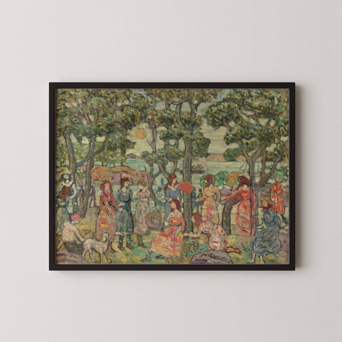 Landscape with Figures by Maurice Prendergast, colorful park scene with trees in a black frame