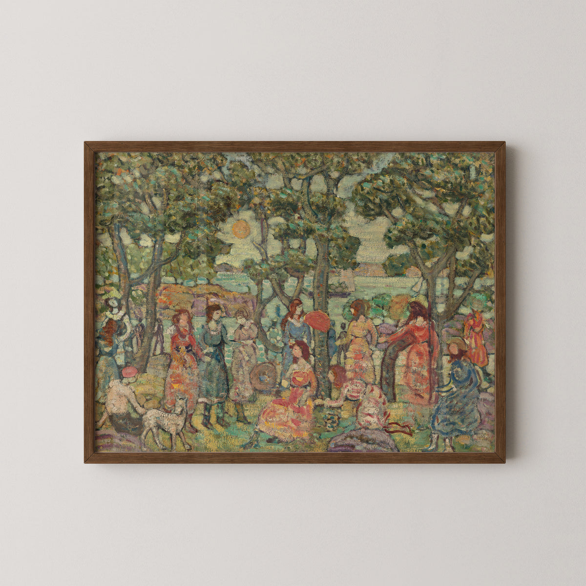 Dark wood-framed Landscape with Figures, with outlined people and two sailboats beyond the park