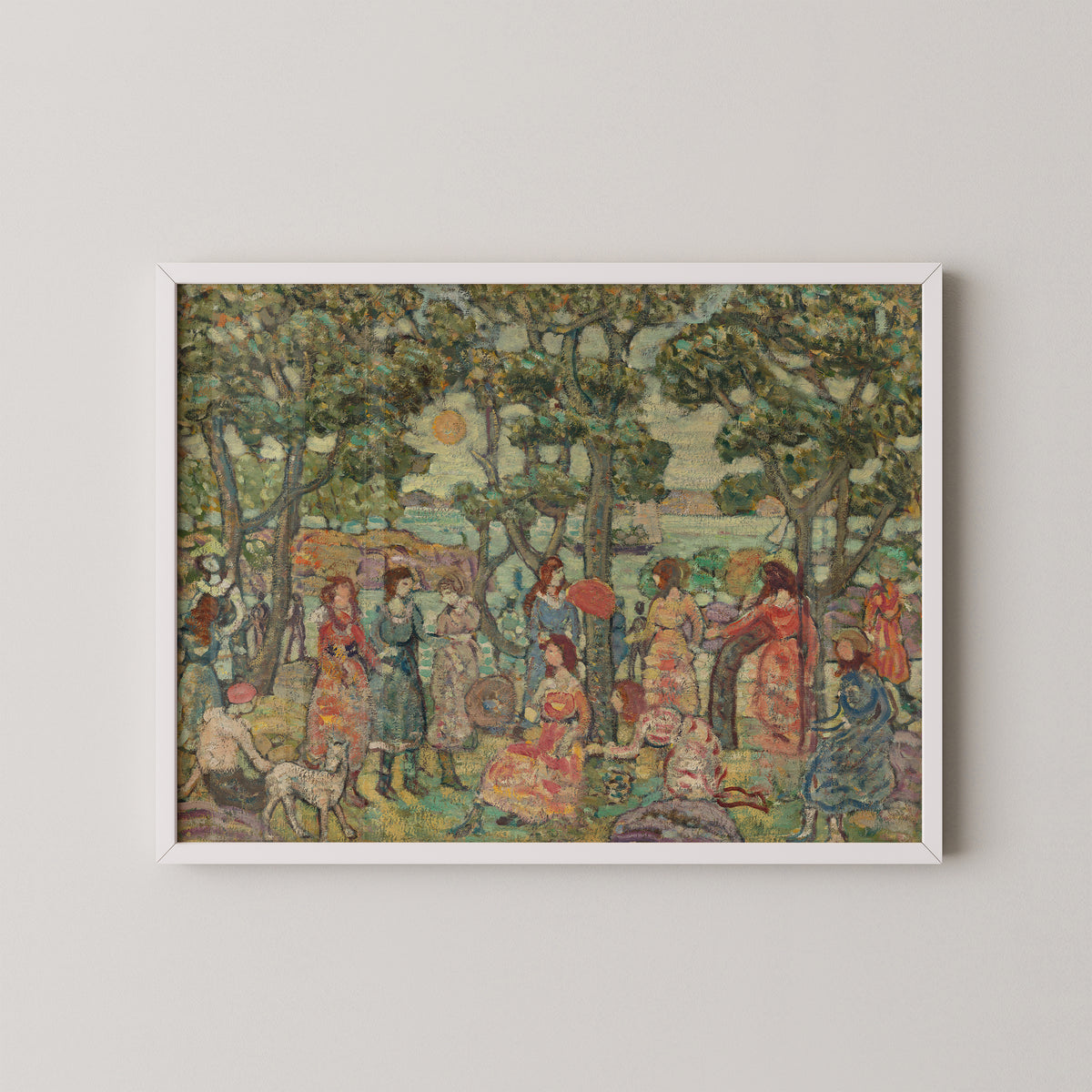 White-framed Prendergast art print with patterned green foliage, colorful figures and pale water