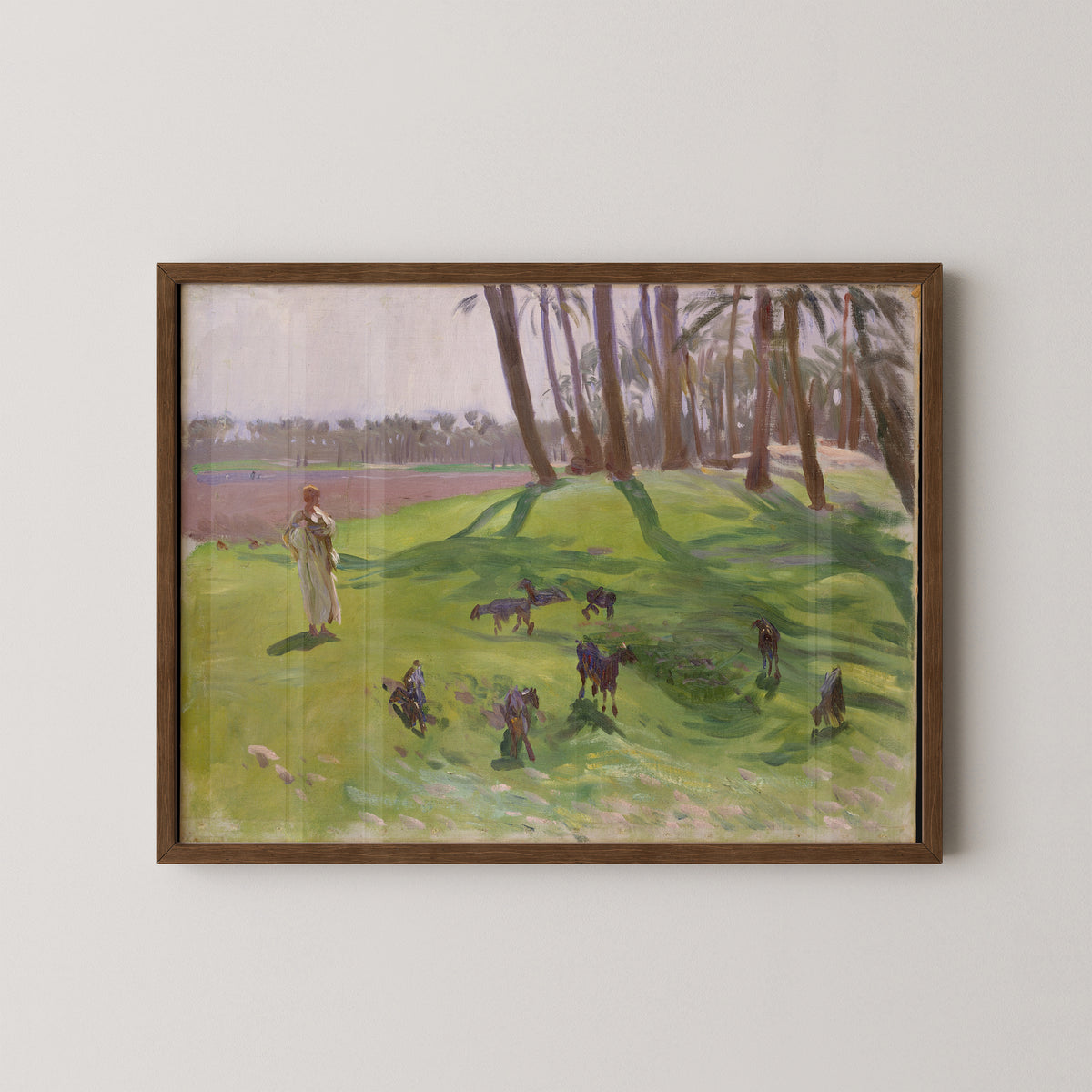 Sargent pastoral landscape in a dark wood frame, with tall palms and loose green and lavender brushwork