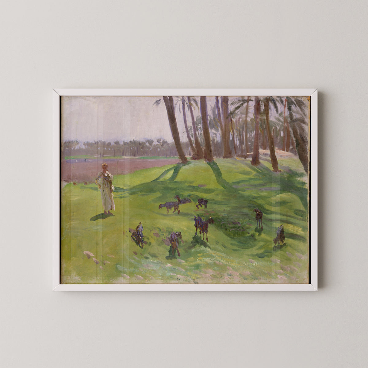 White-framed Landscape with Goatherd print by Sargent, showing small figures and animals in open fields