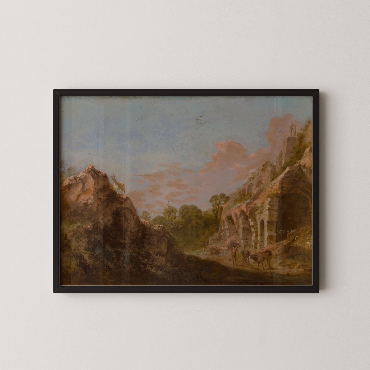 Landscape with Ruins by Bartholomeus Breenbergh, art print in a black frame