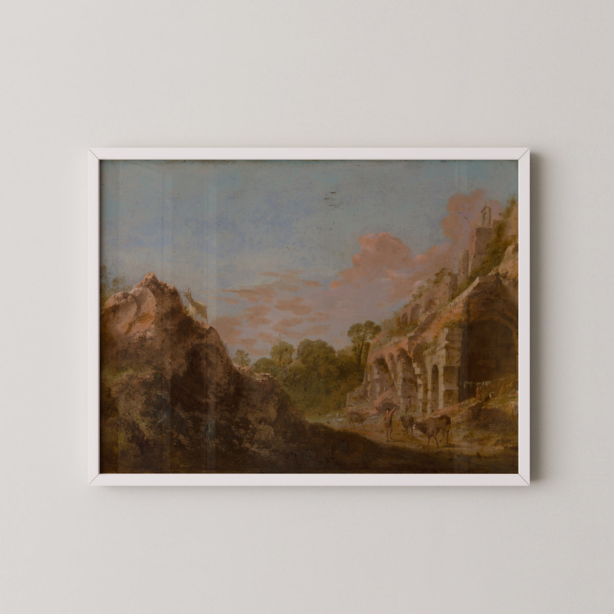 Landscape with Ruins by Bartholomeus Breenbergh, art print in a white frame
