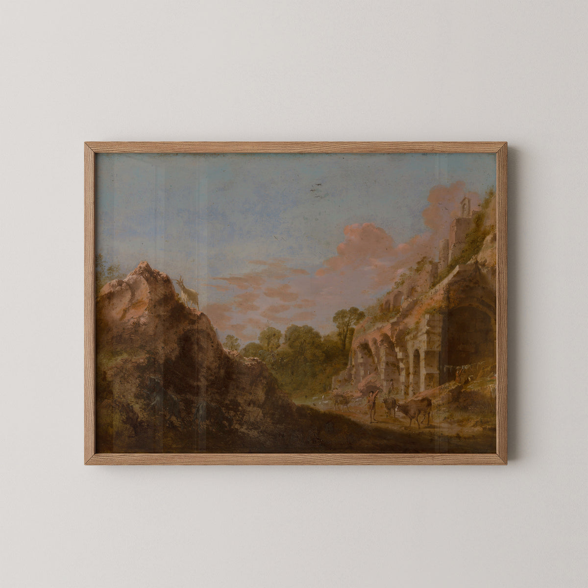 Landscape with Ruins by Bartholomeus Breenbergh, art print in a natural wood frame