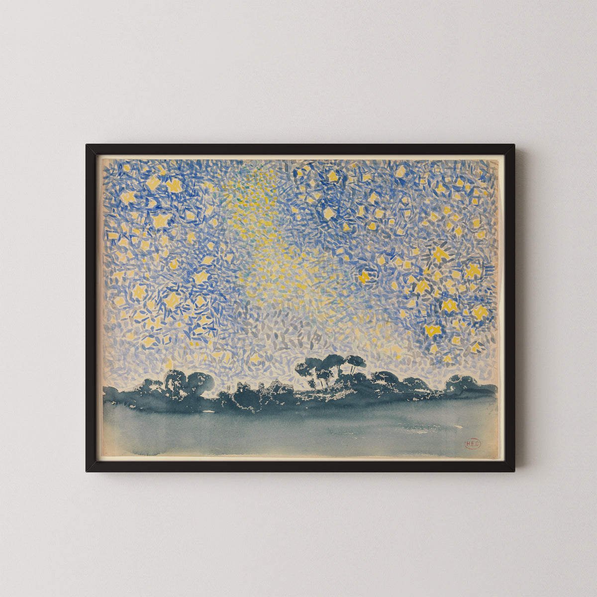 Landscape with Stars by Henri-Edmond Cross, art print in a black frame