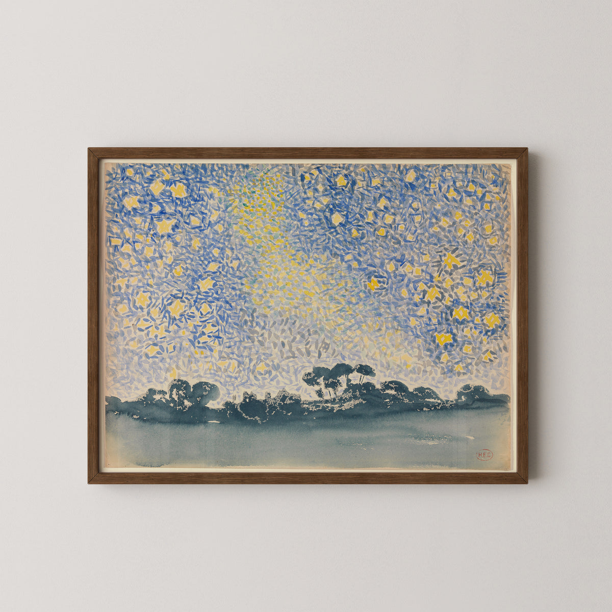 Landscape with Stars by Henri-Edmond Cross, art print in a dark wood frame