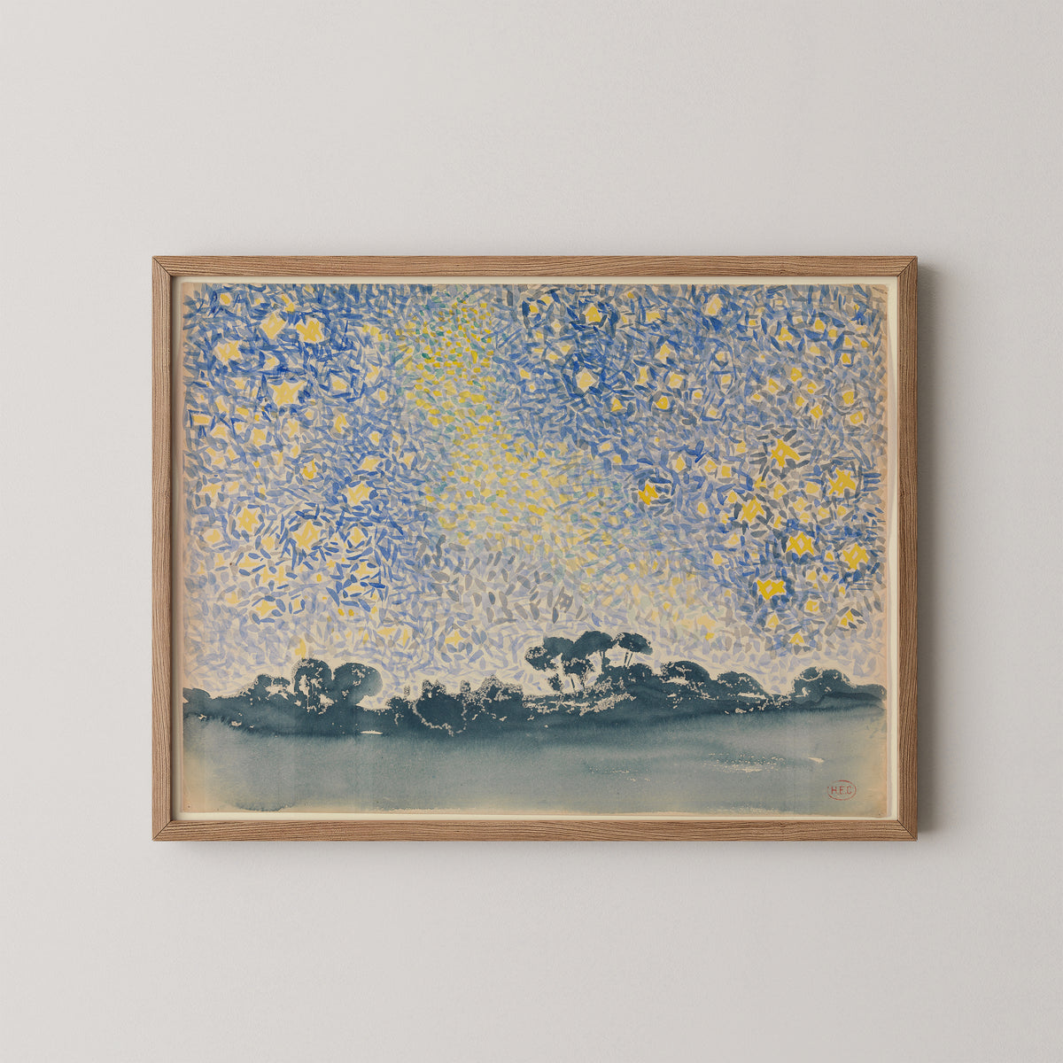 Landscape with Stars by Henri-Edmond Cross, art print in a natural wood frame