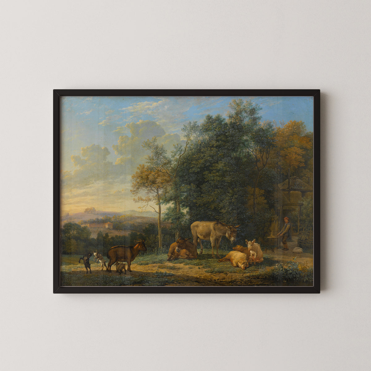 Landscape with two Donkeys, goats and Pigs by Karel du Jardin, art print in a black frame