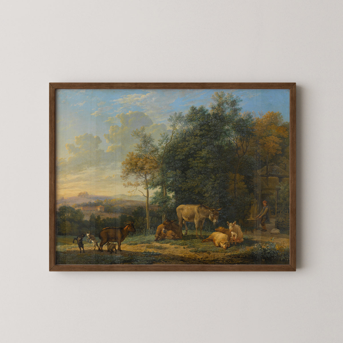Landscape with two Donkeys, goats and Pigs by Karel du Jardin, art print in a dark wood frame