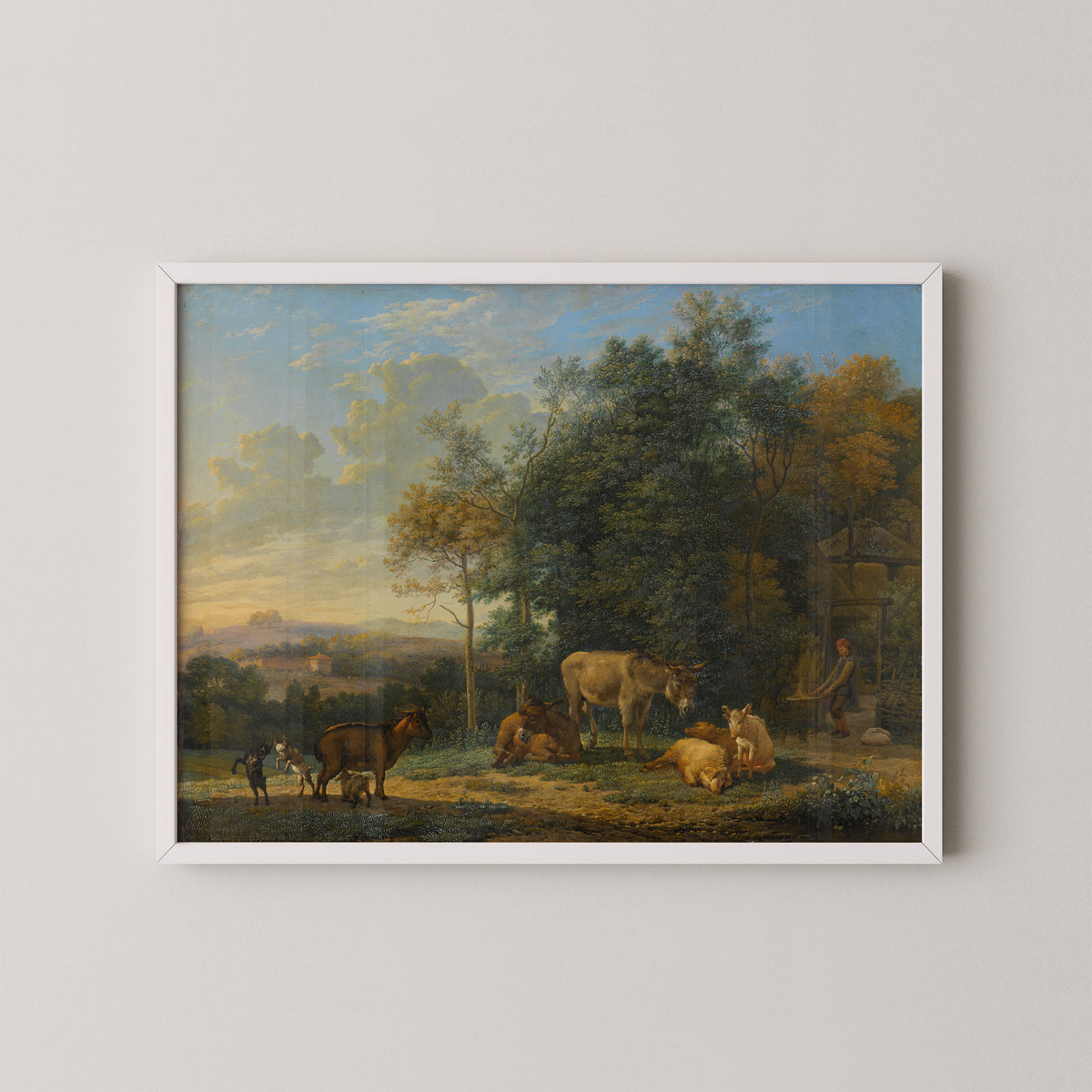 Landscape with two Donkeys, goats and Pigs by Karel du Jardin, art print in a white frame