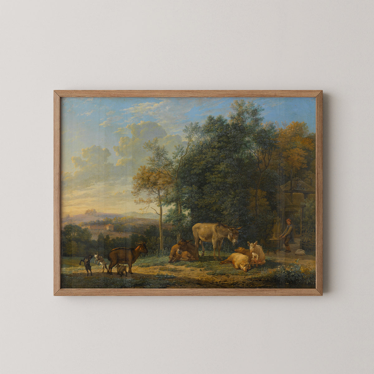 Landscape with two Donkeys, goats and Pigs by Karel du Jardin, art print in a natural wood frame