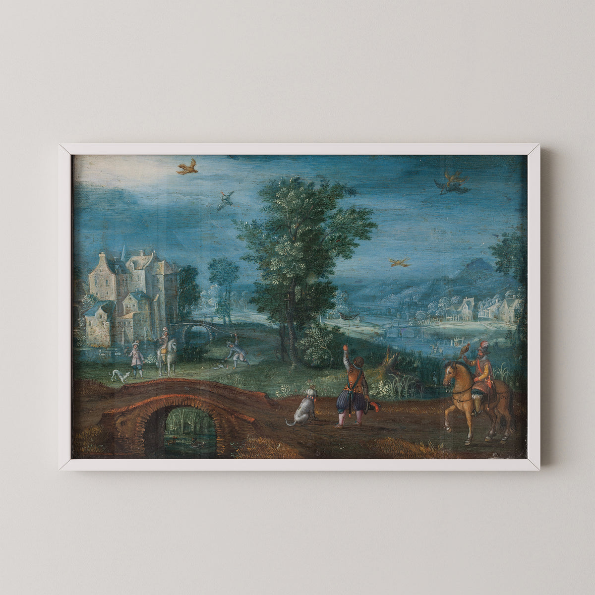 Landskab med falkejægere by Mattheus Adolfsz Molanus, art print in a white frame