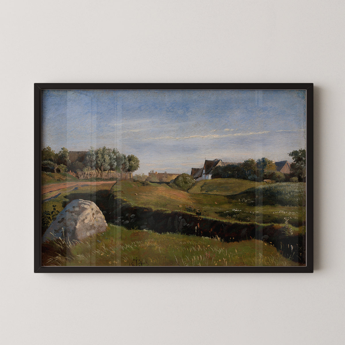 Vejby from the North, Afternoon Light by Johan Thomas Lundbye, art print in a black frame