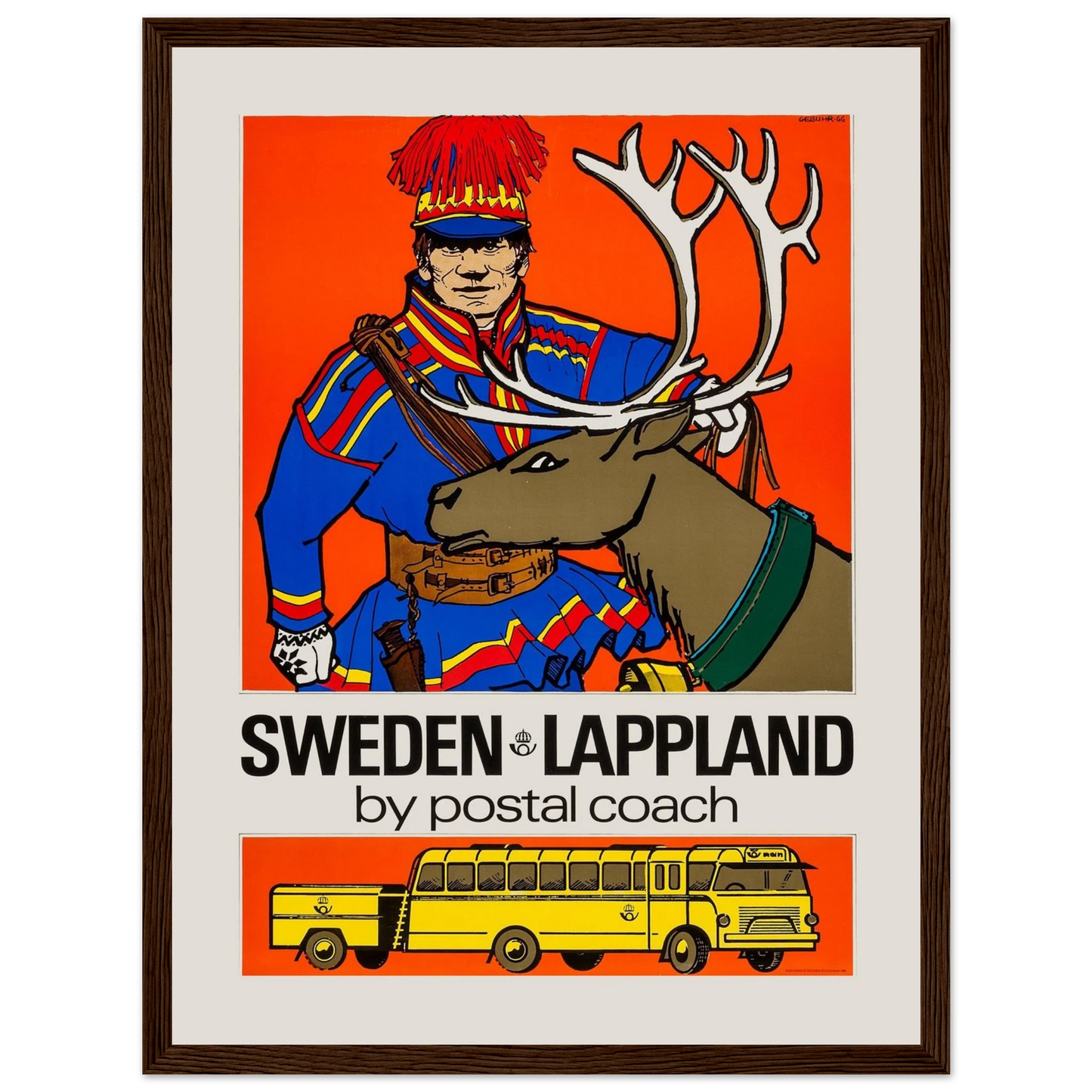 Swedish postal service poster from Lapland, depicting a skier and elk in winter scenery—an iconic tribute to early 20th-century Nordic life.