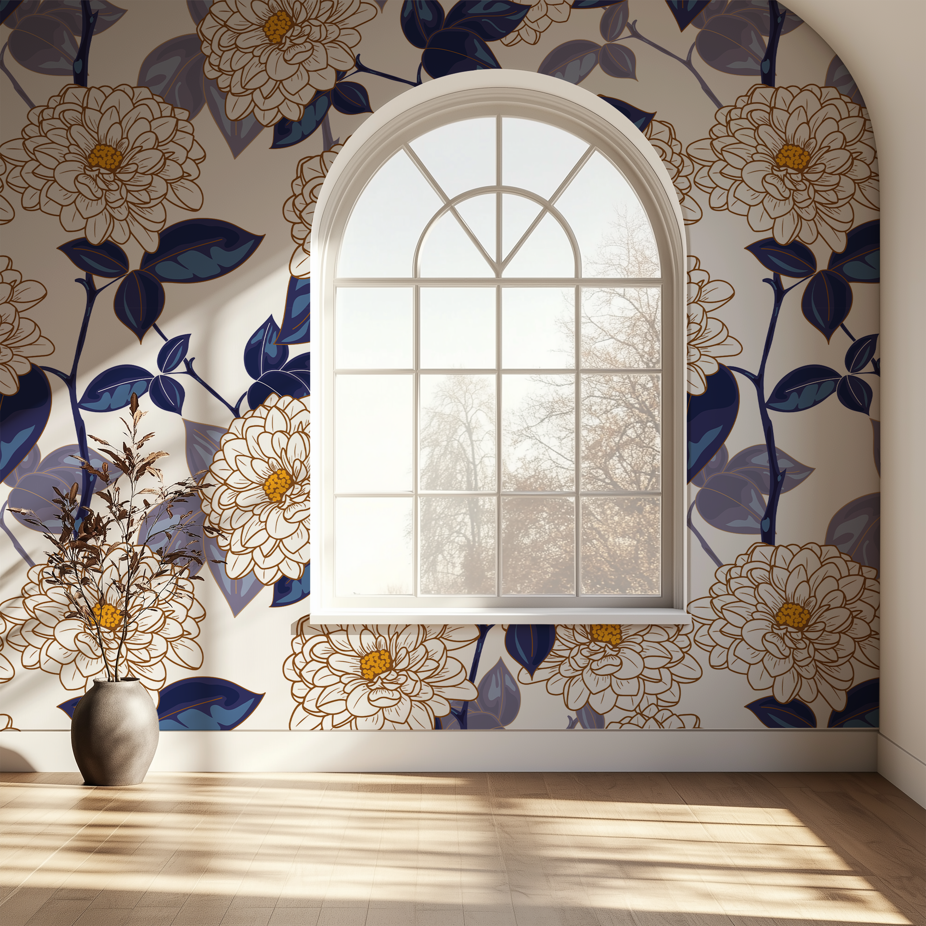 Large floral botanical wallpaper with navy leaves and ivory flowers