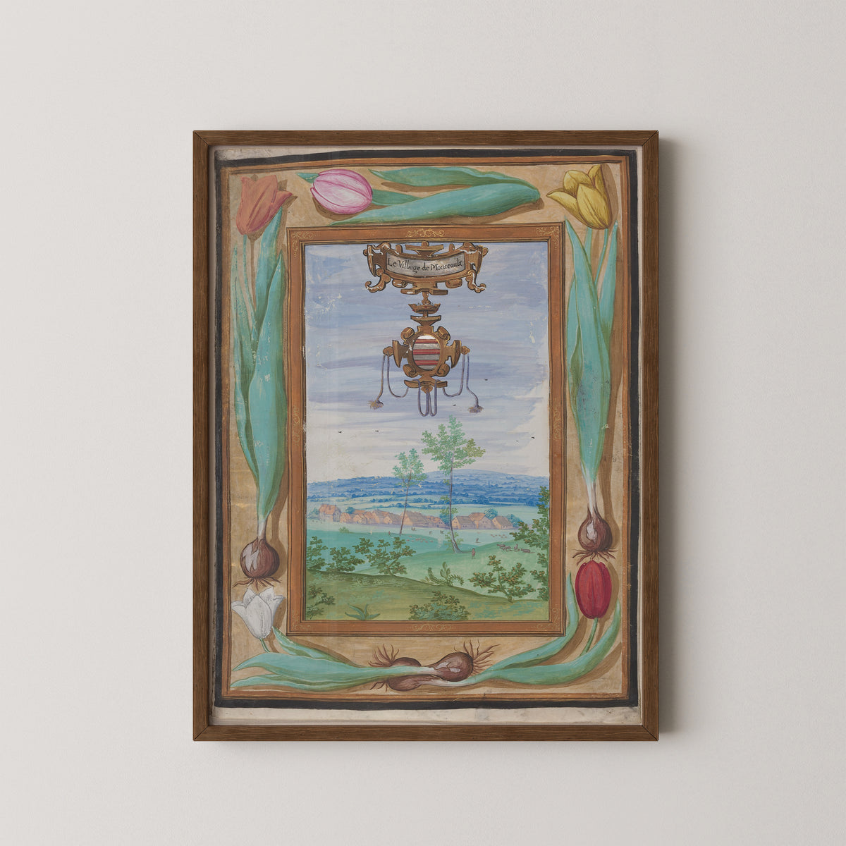 Le Villaige de Monceaulx by Adrien Montigny, art print in a dark wood frame