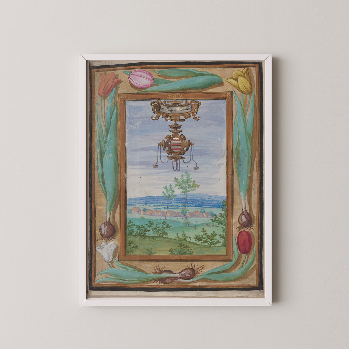 Le Villaige de Monceaulx by Adrien Montigny, art print in a white frame