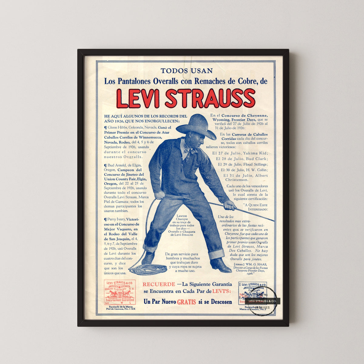 levis cowboy vintage poster – black frame mockup
