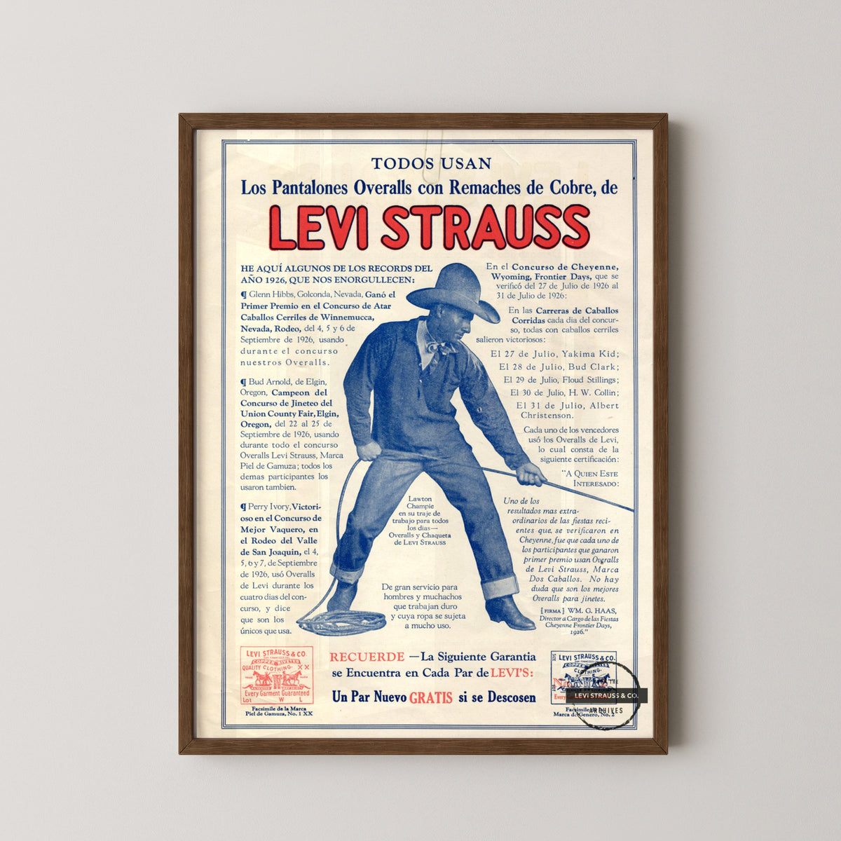 levis cowboy vintage poster – darkwood frame mockup
