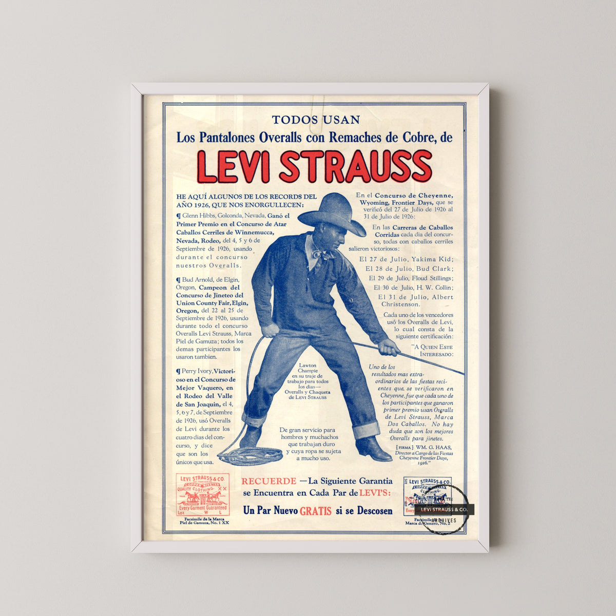 levis cowboy vintage poster – white frame mockup
