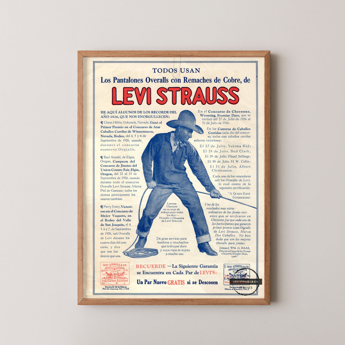 levis cowboy vintage poster – wood frame mockup