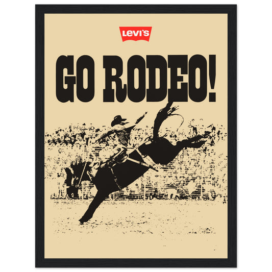 Step into the world of cowboy culture with this iconic Levi's Rodeo vintage poster, showcasing the timeless appeal of Levi's western wear. Featuring bold retro graphics and a nod to the wild west, this poster captures the spirit of rodeo competitions and the rugged allure of cowboy fashion. Whether you're a fan of vintage advertising, western style, or Levi's fashion, this piece is perfect for home decor or Western-themed spaces. Add a touch of American heritage to your walls today with this Levi's Rodeo po
