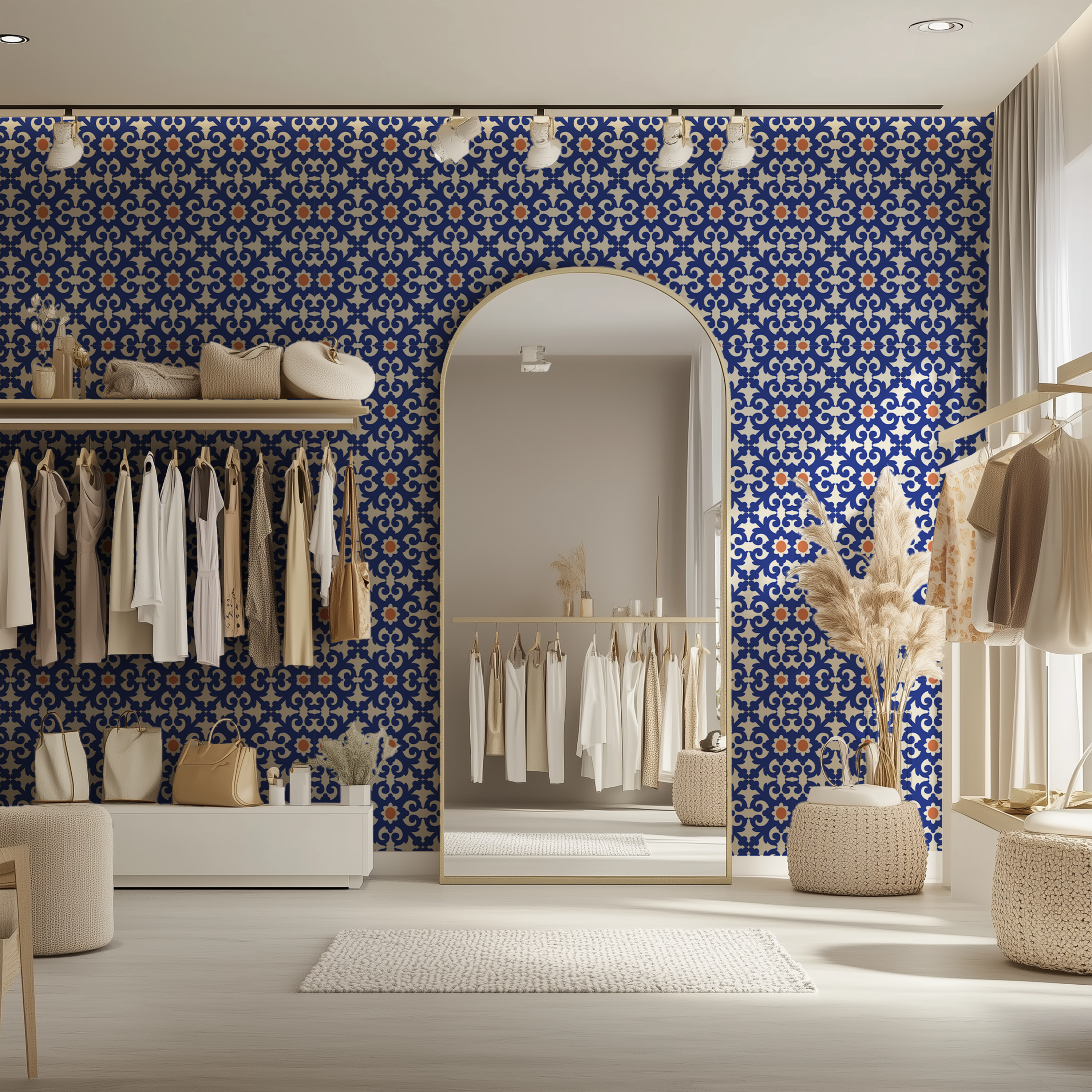Lisbon azulejo wallpaper, Portuguese tile wallpaper, blue patterned wallpaper, Mediterranean interior wallpaper, non woven wallpaper