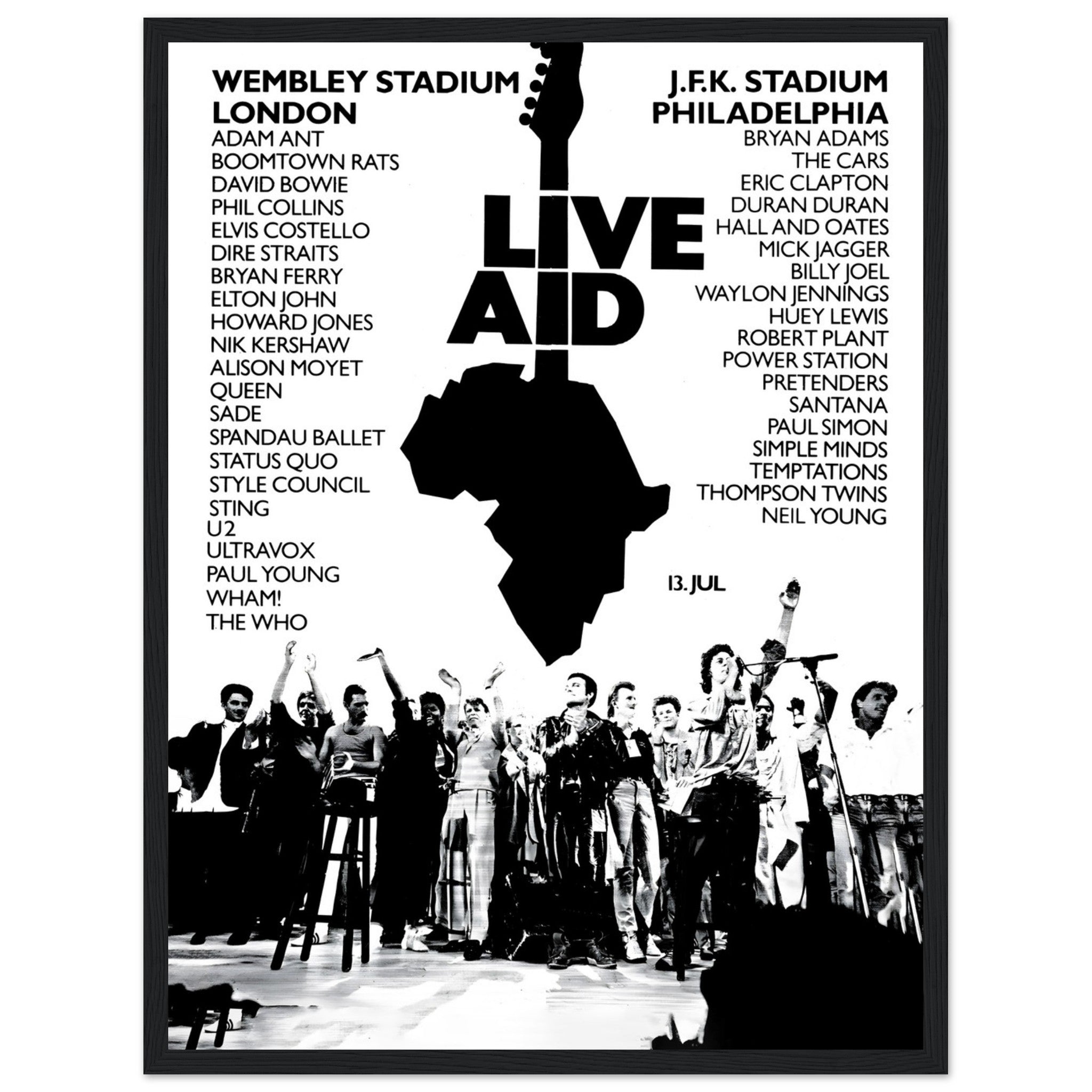Relive the magic of Live Aid 1985, the legendary charity concert that brought together over 75 iconic acts, including Queen, U2, Madonna, Elton John, and more, to raise funds for famine relief. This vintage concert poster captures the essence of the historic event, showcasing the united power of music for a noble cause. A must-have for fans of 80s rock, music history enthusiasts, and collectors of iconic concert memorabilia. Whether displayed in a music room, living space, or office, this Live Aid 1985 post