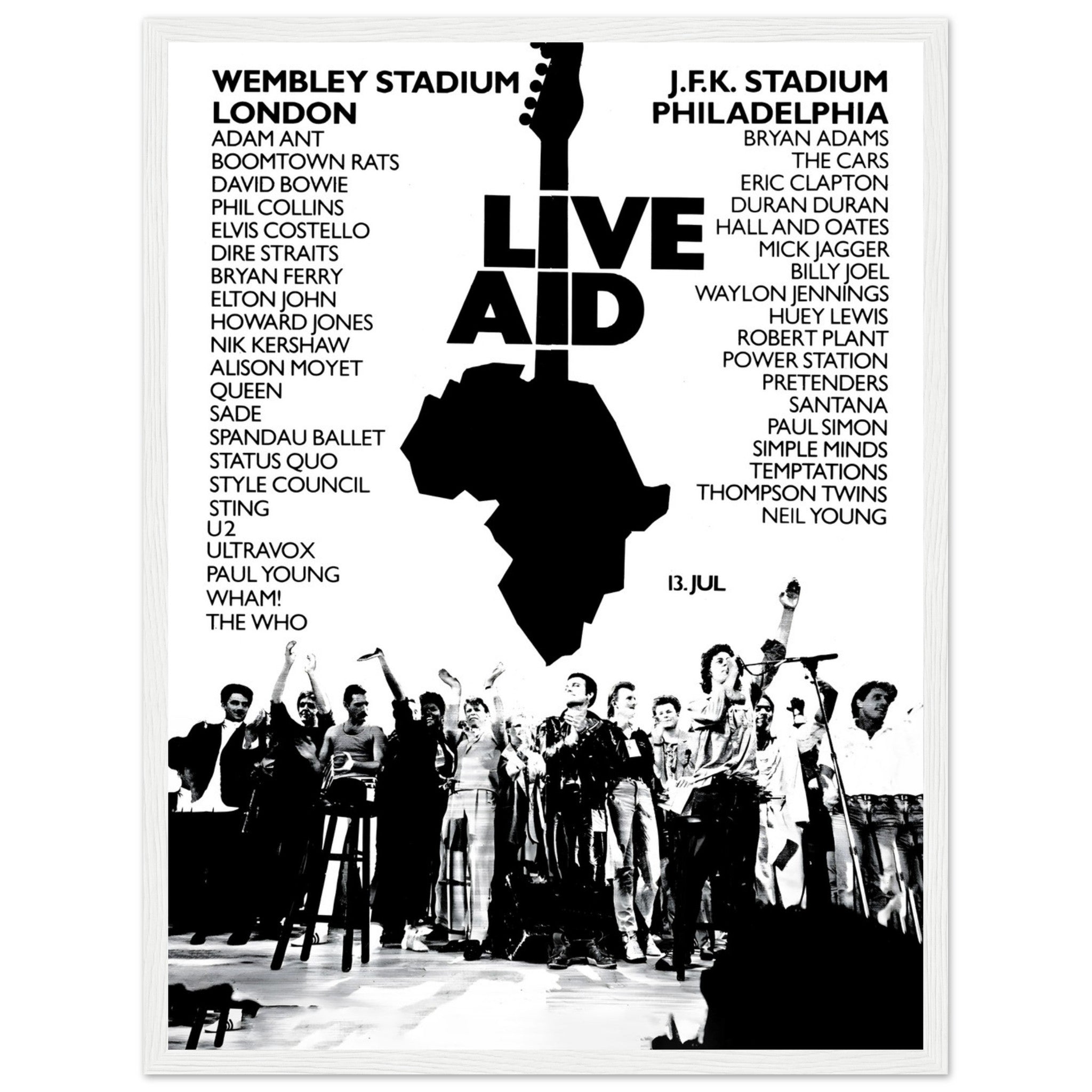 Relive the magic of Live Aid 1985, the legendary charity concert that brought together over 75 iconic acts, including Queen, U2, Madonna, Elton John, and more, to raise funds for famine relief. This vintage concert poster captures the essence of the historic event, showcasing the united power of music for a noble cause. A must-have for fans of 80s rock, music history enthusiasts, and collectors of iconic concert memorabilia. Whether displayed in a music room, living space, or office, this Live Aid 1985 post
