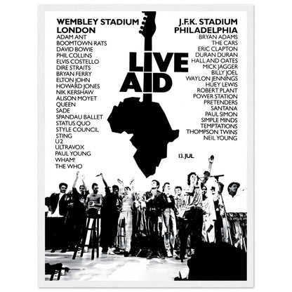 Relive the magic of Live Aid 1985, the legendary charity concert that brought together over 75 iconic acts, including Queen, U2, Madonna, Elton John, and more, to raise funds for famine relief. This vintage concert poster captures the essence of the historic event, showcasing the united power of music for a noble cause. A must-have for fans of 80s rock, music history enthusiasts, and collectors of iconic concert memorabilia. Whether displayed in a music room, living space, or office, this Live Aid 1985 post