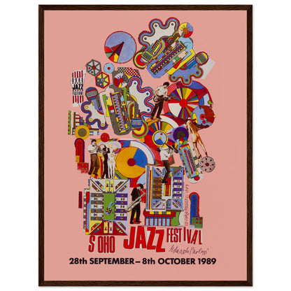 1989 London Soho Jazz Festival poster with vibrant colors and modernist composition. A retro collectible art print ideal for jazz fans, festival enthusiasts, and lovers of vintage graphic design.