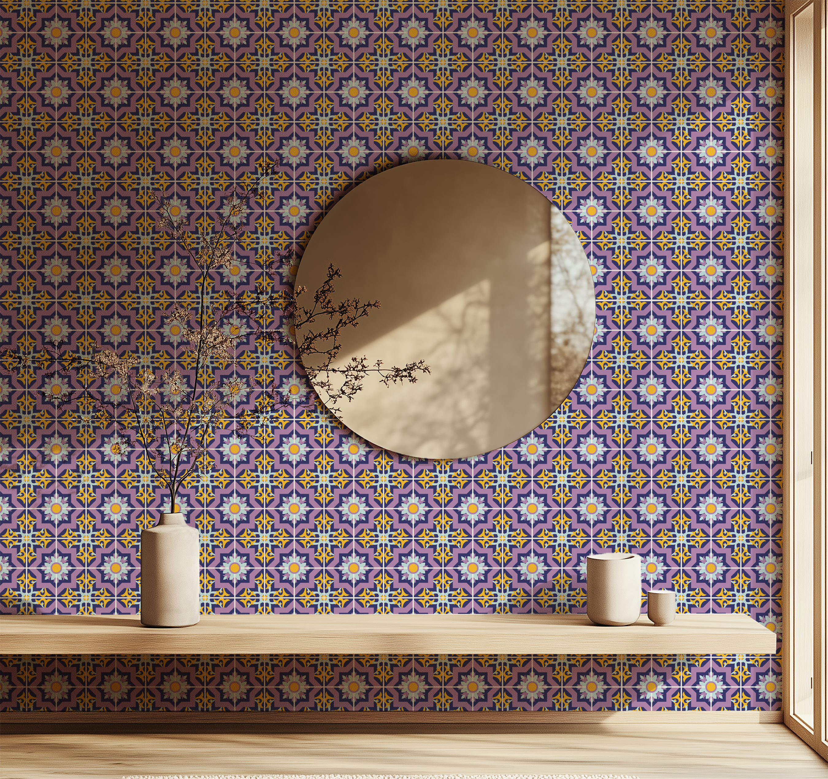 Luxury Moroccan wallpaper, purple mosaic tiles, geometric wallpaper, Islamic inspired wallpaper, peel and stick wallpaper, custom wall mural