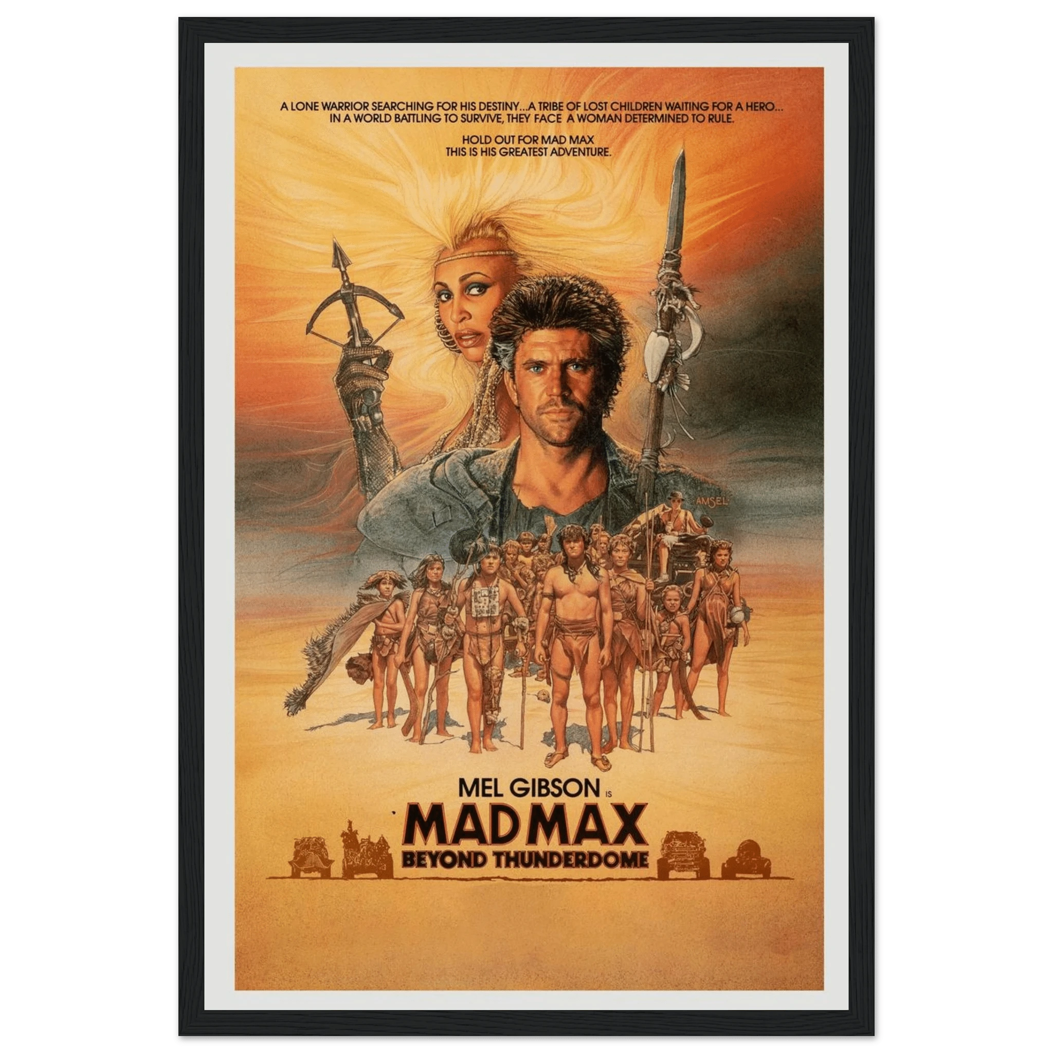 Step into the post-apocalyptic world of Mad Max: Beyond Thunderdome with this vintage-style movie poster from the cult 1985 classic starring Mel Gibson and Tina Turner. Featuring dramatic key art, gritty 80s design, and the unforgettable look of a world gone mad, this poster is a must-have for fans of sci-fi cinema, dystopian aesthetics, and retro action films. Whether you're decking out a media room, game den, or film-lover’s wall, this high-quality reproduction brings the thrill and chaos of Thunderdome t