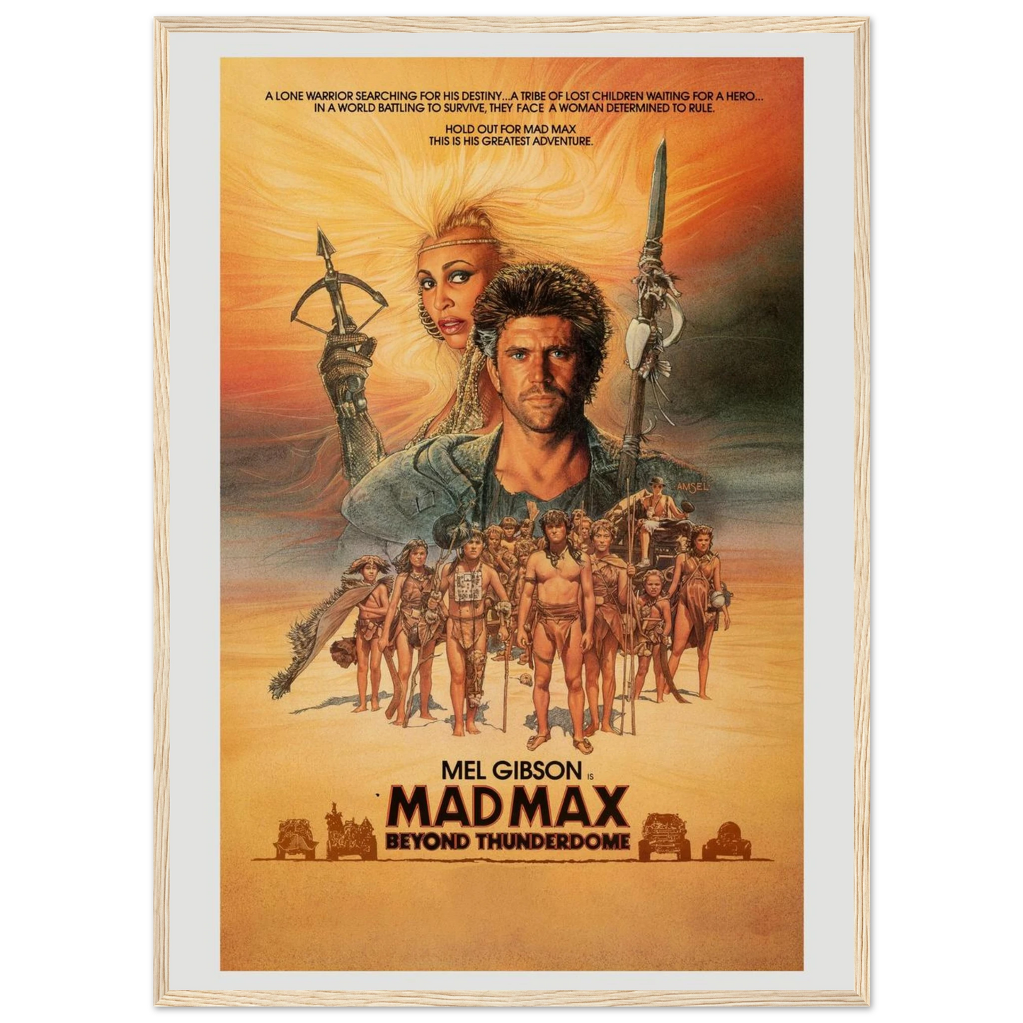 Vintage-style movie poster for Mad Max: Beyond Thunderdome (1985) starring Mel Gibson and Tina Turner, capturing the post-apocalyptic 80s action aesthetic.