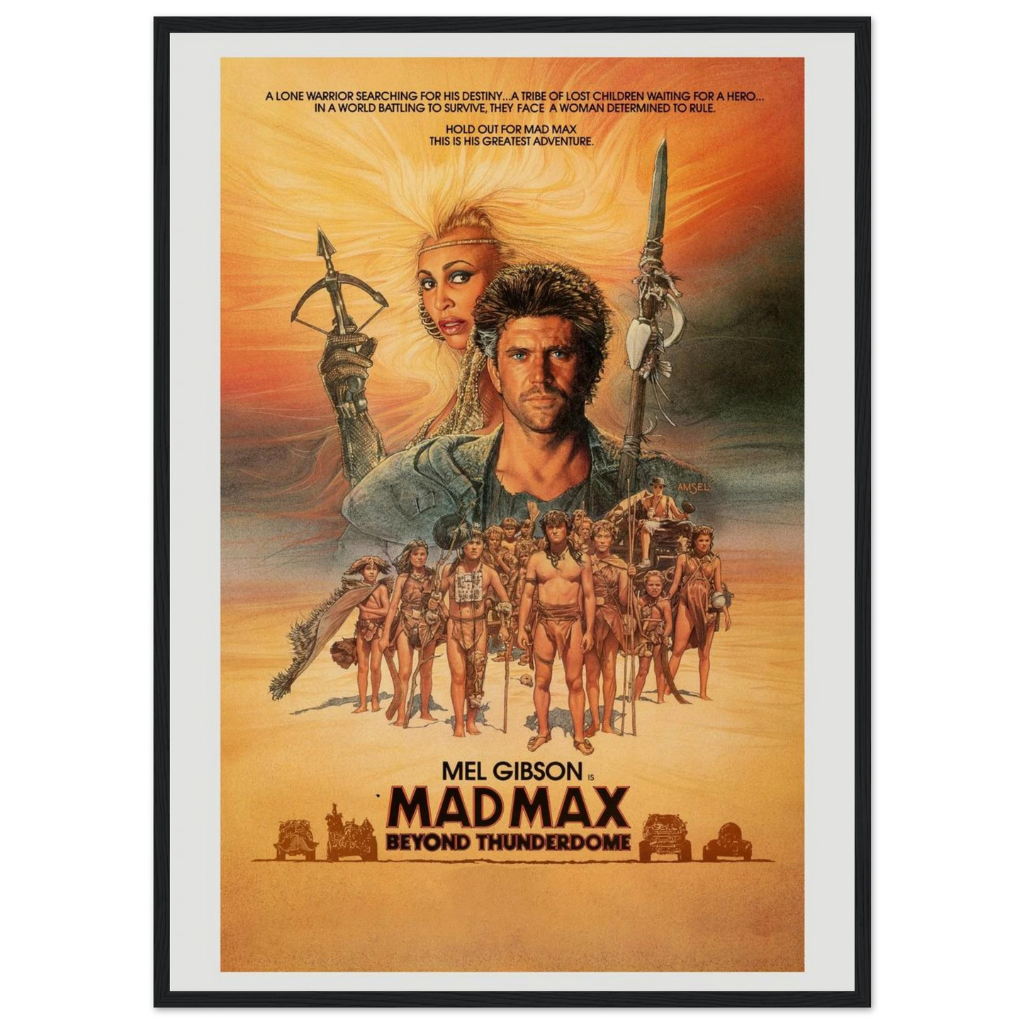 Vintage wall decor print of Mad Max: Beyond Thunderdome (1985), ideal for home theaters, game rooms, and fans of classic 80s film art.