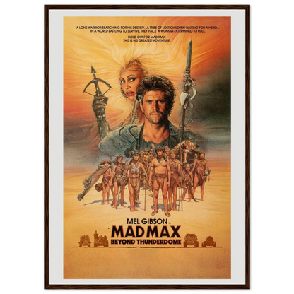 Retro 80s action movie poster of Mad Max: Beyond Thunderdome, showing Mel Gibson as Max Rockatansky in a world of chaos and survival.