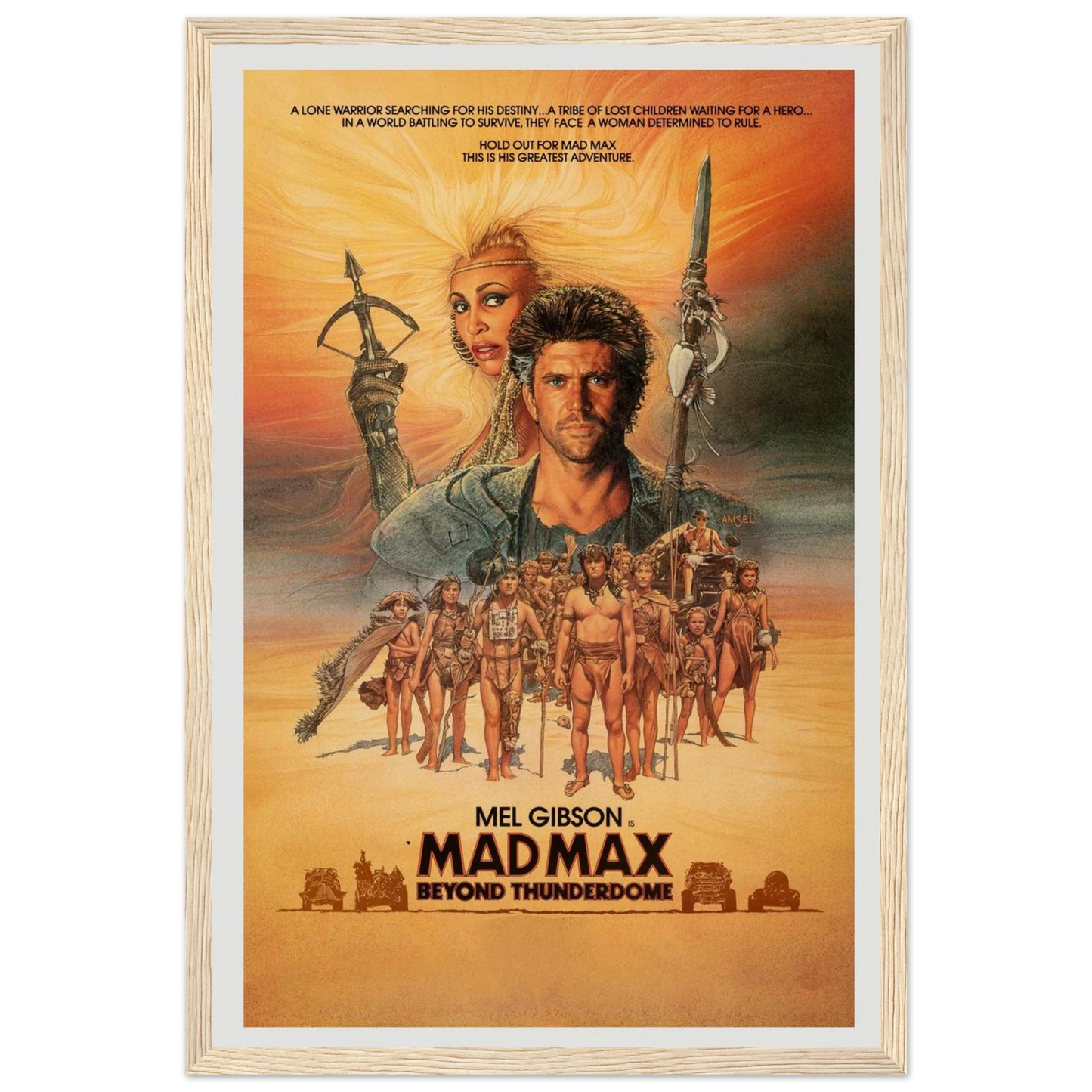 Mad Max: Beyond Thunderdome poster print featuring Tina Turner and Mel Gibson, a collectible piece of dystopian sci-fi cinema history