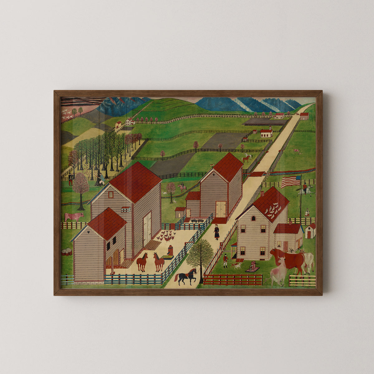 Mahantango Valley Farm art print in a dark wood frame, with farm buildings and fenced fields