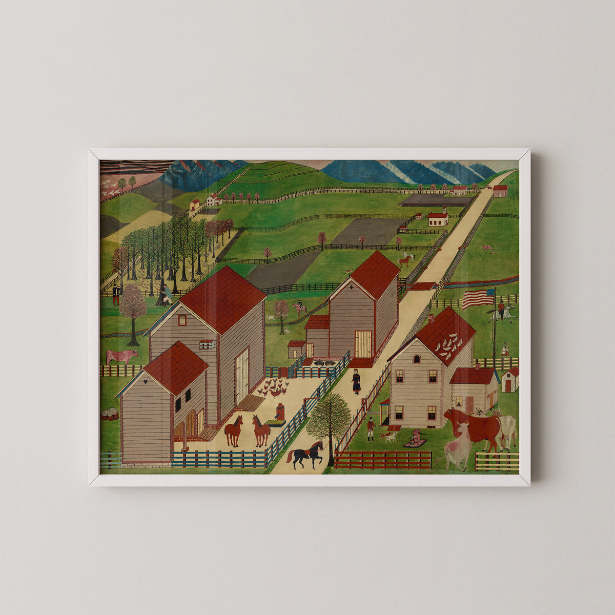 White-framed Mahantango Valley Farm print, with red-roofed buildings in an American countryside scene