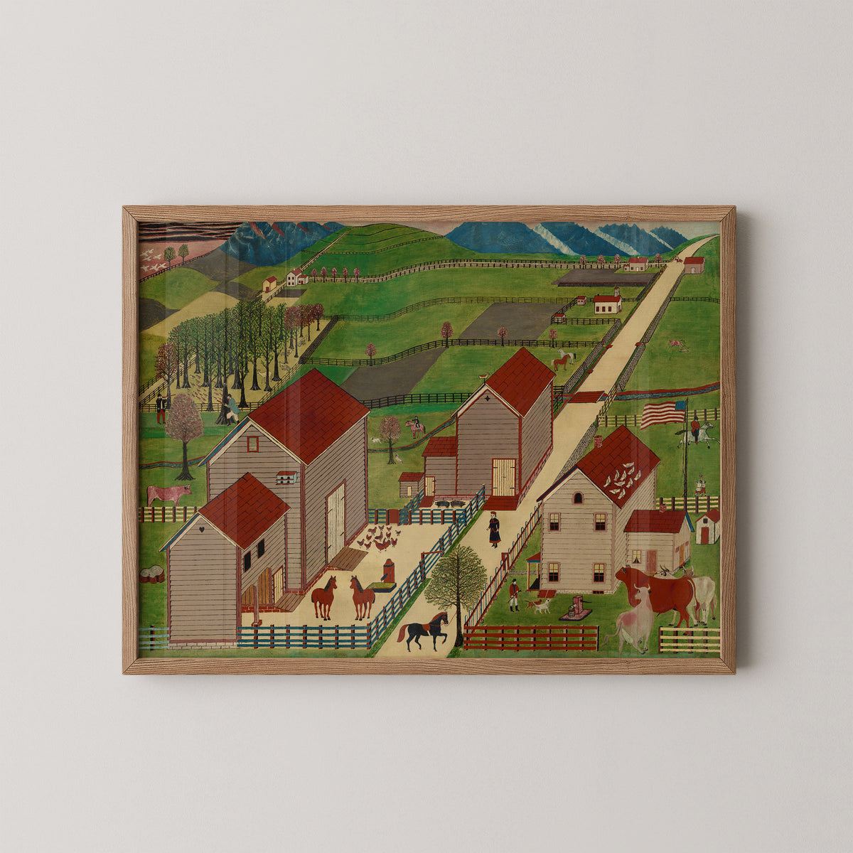 Natural wood-framed Mahantango Valley Farm reproduction, a rural scene by an unidentified American artist