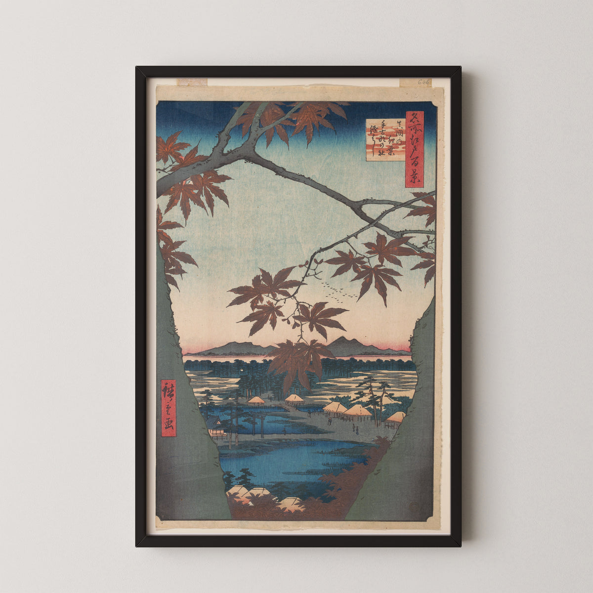 Maples at Mama, from the series One Hundred Famous Views of Edo by Utagawa Hiroshige, art print in a black frame