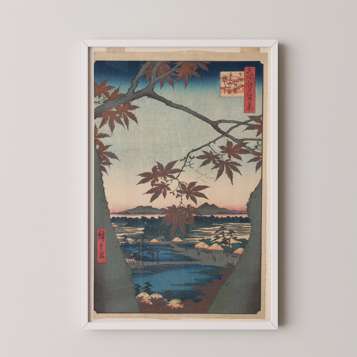 Maples at Mama, from the series One Hundred Famous Views of Edo by Utagawa Hiroshige, art print in a white frame