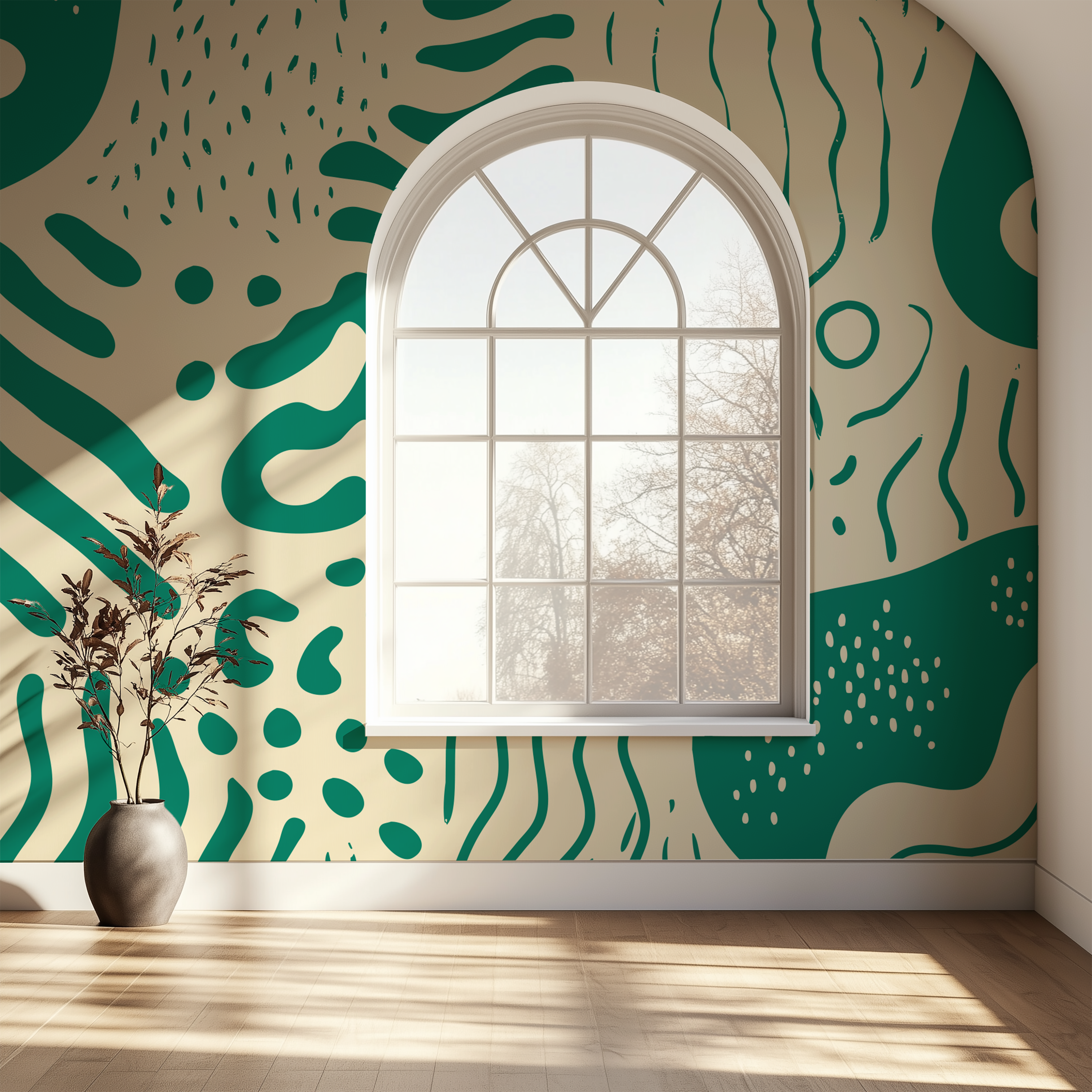 Feature wall with emerald green organic abstract wallpaper surrounding an arched window in a contemporary interior.
