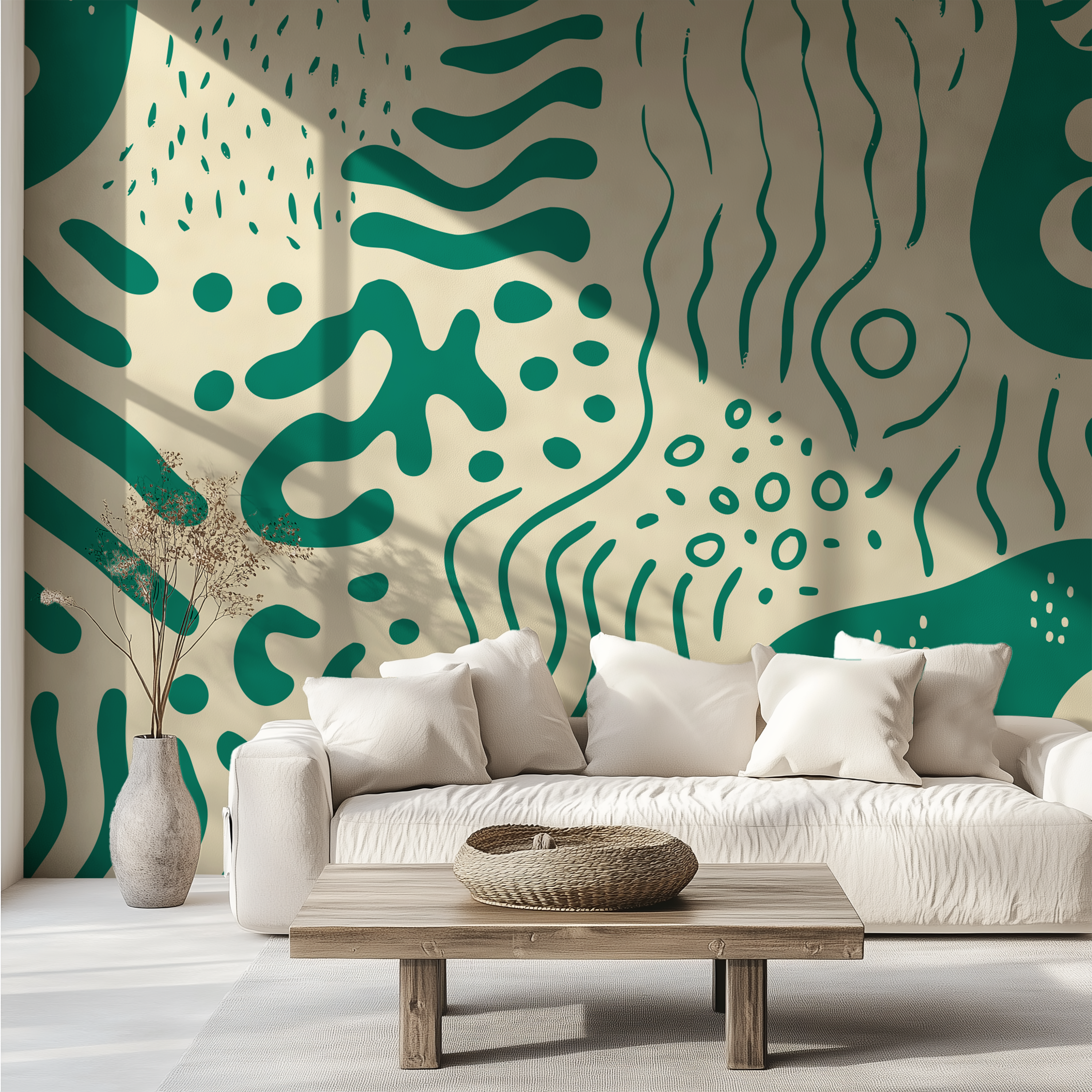 Contemporary living room with Marea Emerald wallpaper behind a wooden sideboard, showcasing hand-drawn organic shapes.