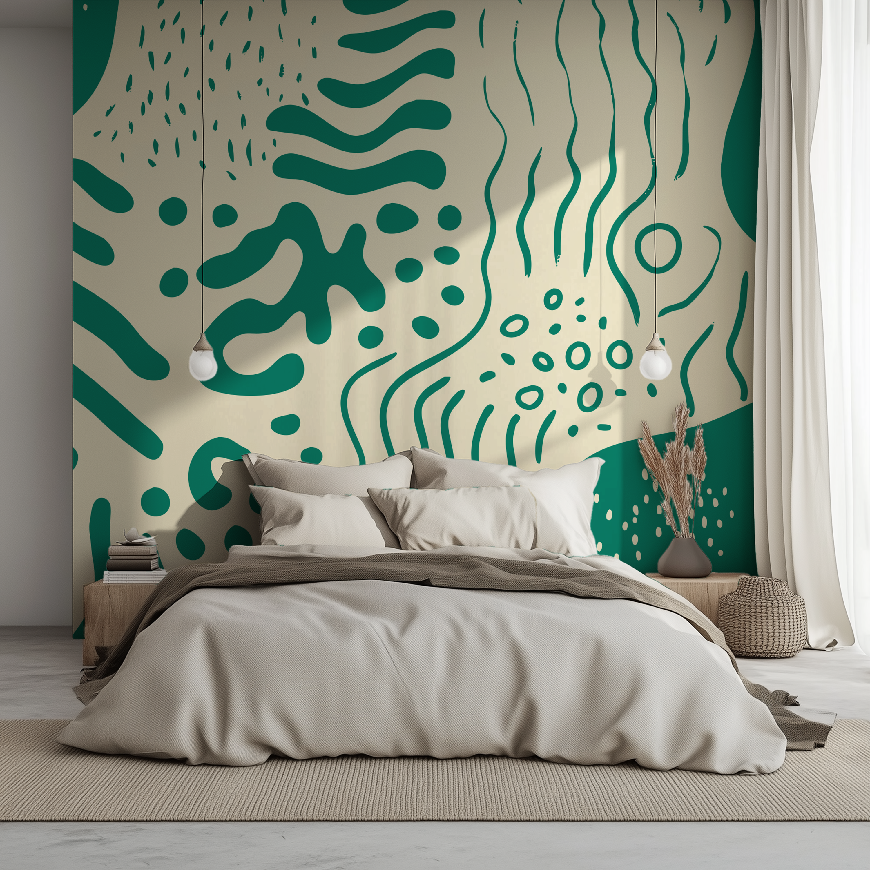 Emerald green organic abstract wallpaper in a contemporary bedroom with neutral bedding and Scandinavian-inspired décor