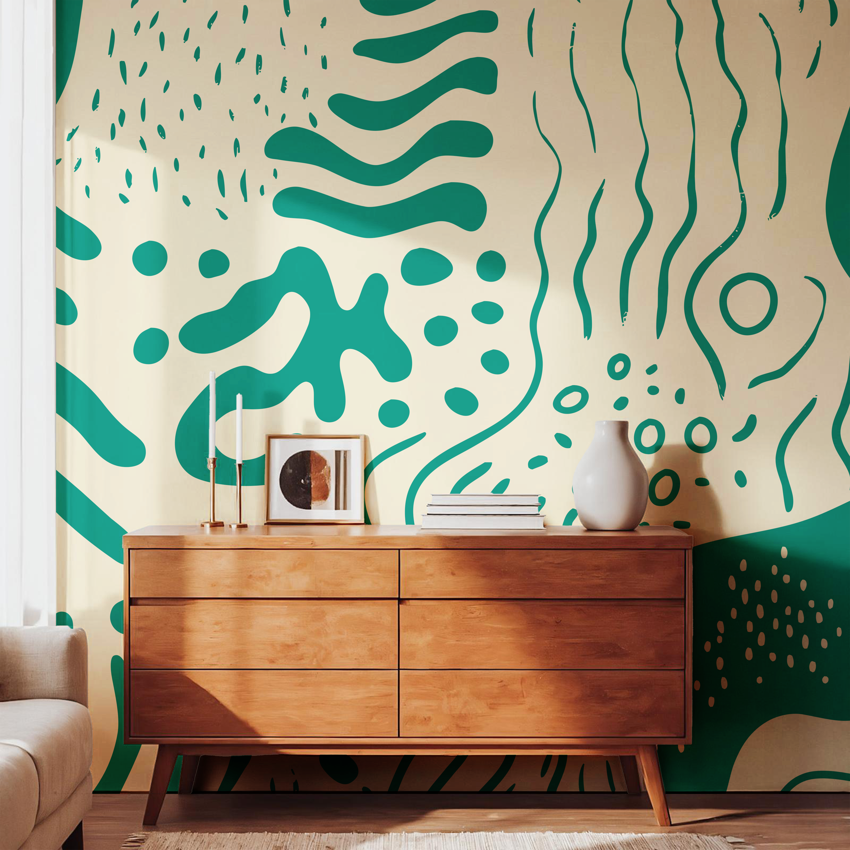 Large-scale emerald green abstract wallpaper creating a bold feature wall in a modern Organic Modern interior.