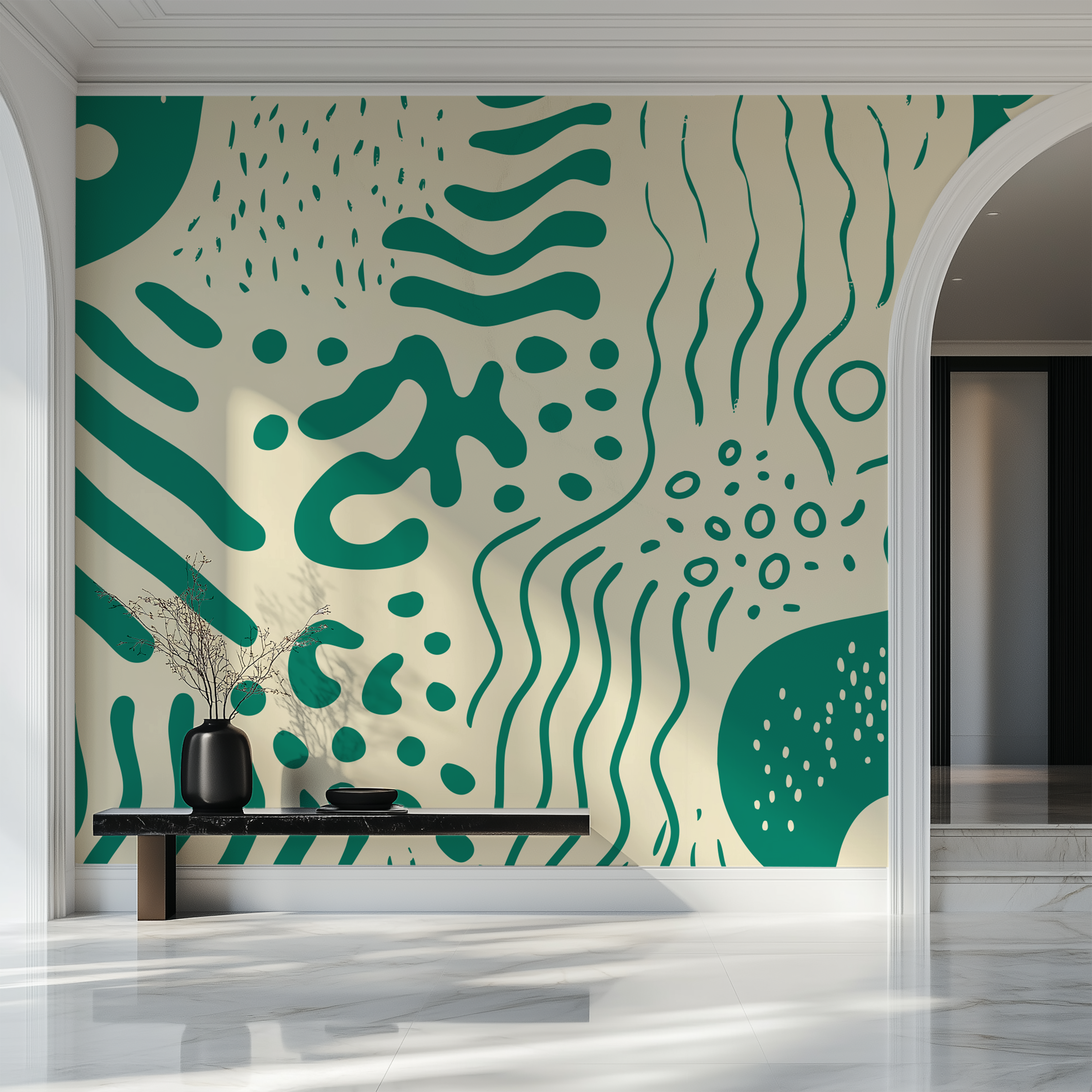 Modern hallway featuring Marea Emerald organic abstract wallpaper in emerald green and linen tones with minimalist styling.
