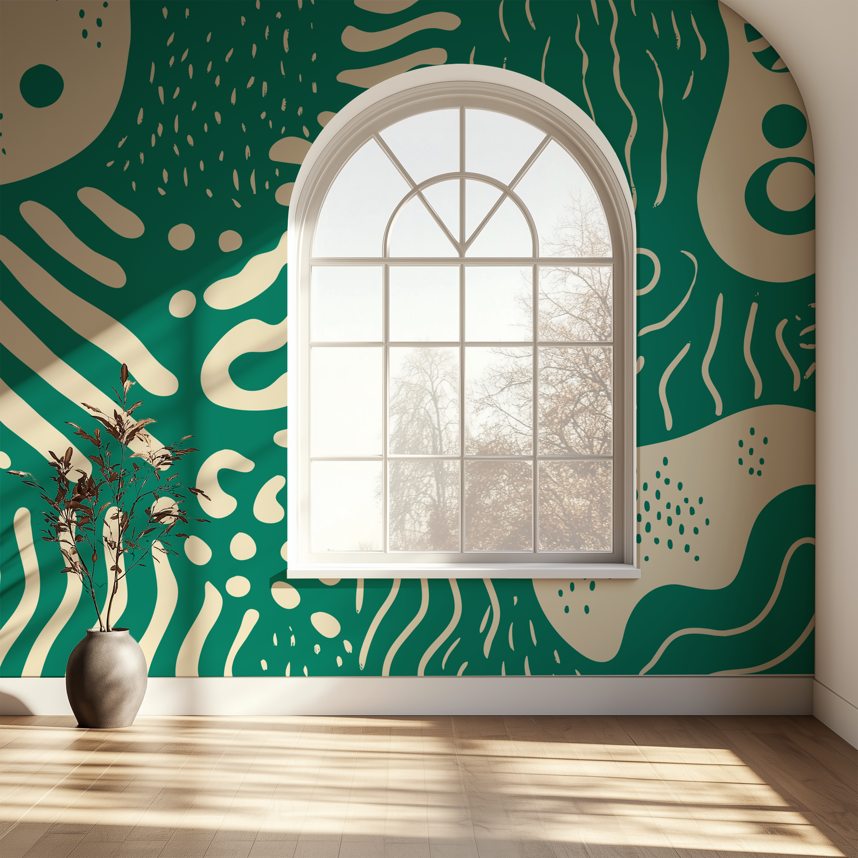 Jade green abstract wallpaper surrounding an arched window in a bright contemporary interior with natural daylight.